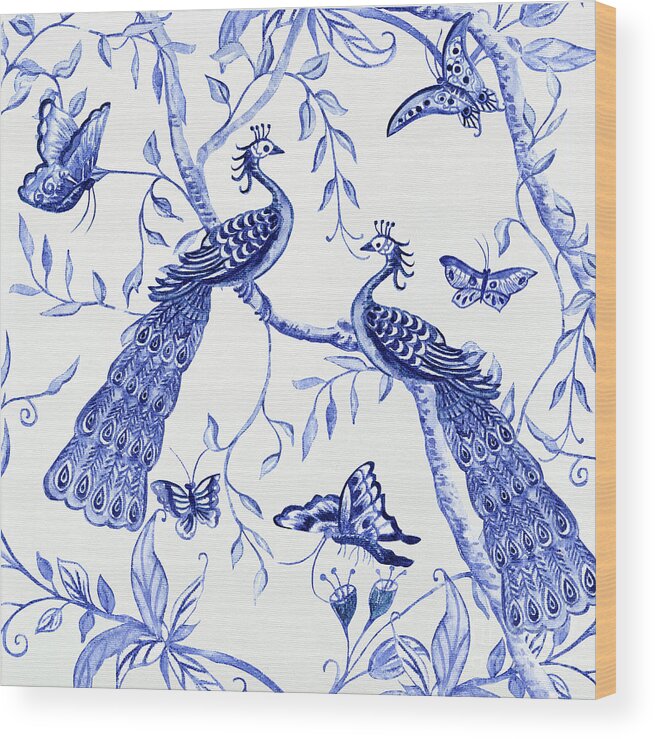 Chinoiserie Wood Print featuring the painting Chinoiserie Blue and White Peacocks and Butterflies by Audrey Jeanne Roberts
