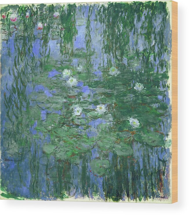Claude Monet Wood Print featuring the painting CLAUDE MONET Nympheas bleus Blue Water Lilies. Date/Period 1916 - 1919. Painting. Oil on canvas. by Claude Monet