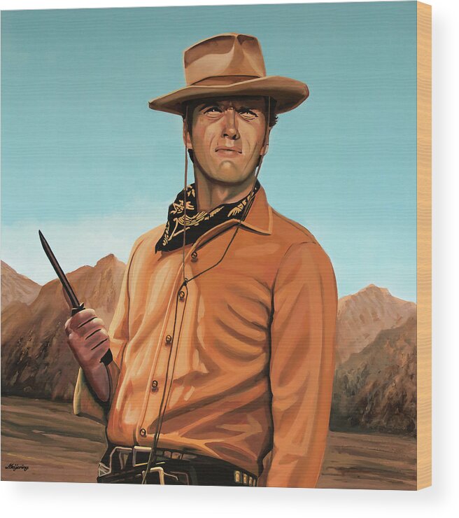 Clint Eastwood Wood Print featuring the painting Clint Eastwood Painting 2 by Paul Meijering