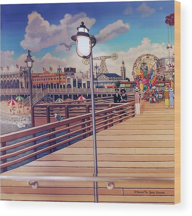  Wood Print featuring the painting Coney Island Boardwalk Pillow Mural #1 by Bonnie Siracusa