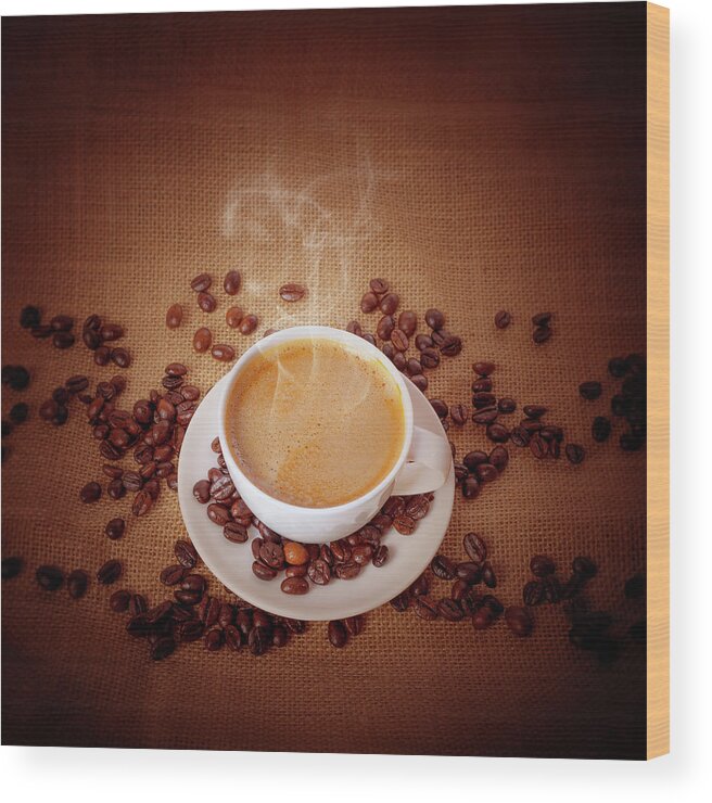 Breakfast Wood Print featuring the photograph Cup Of Fresh Cappuccino On Burlap by Sankai