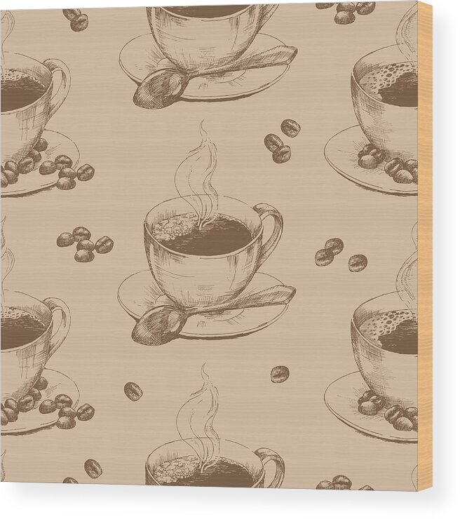 Art Wood Print featuring the digital art Cup Of Hot Coffee Seamless by Annagarmatiy