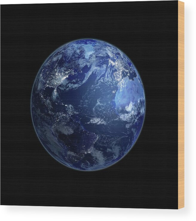 Globe Wood Print featuring the digital art Earth At Night, Artwork by Andrzej Wojcicki