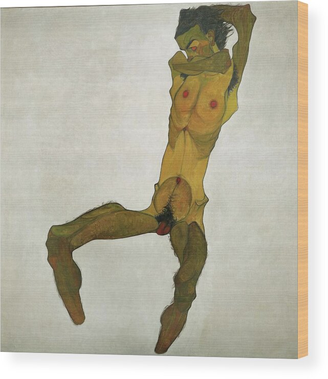 Egon Schiele Wood Print featuring the painting EGON SCHIELE Sitzender Mannerakt -Selbstdarstellung- Seated Male Nude -Self-Portrait-, 1910. by Egon Schiele