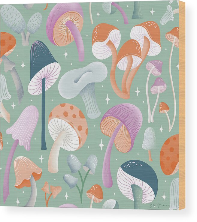 Blue Wood Print featuring the drawing Fantastic Fungi Pattern Ic by Gia Graham