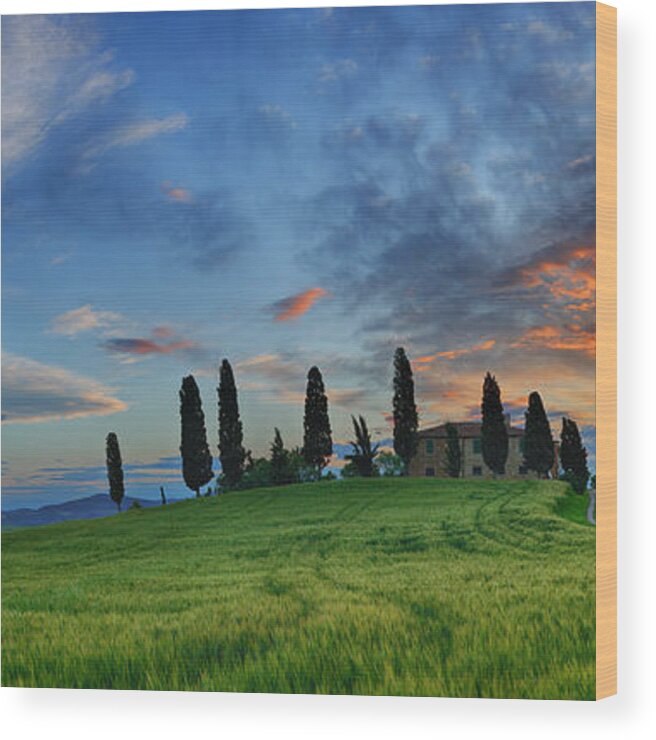 Tranquility Wood Print featuring the photograph Farmhouse With Cypress Trees At Sunrise by Martin Ruegner