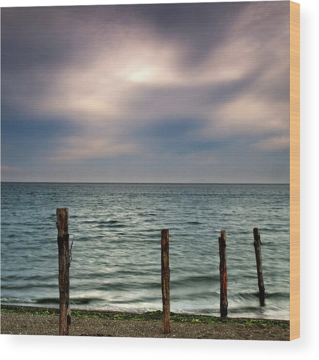 Tranquility Wood Print featuring the photograph Fence Post And Ocean by Mitch Diamond