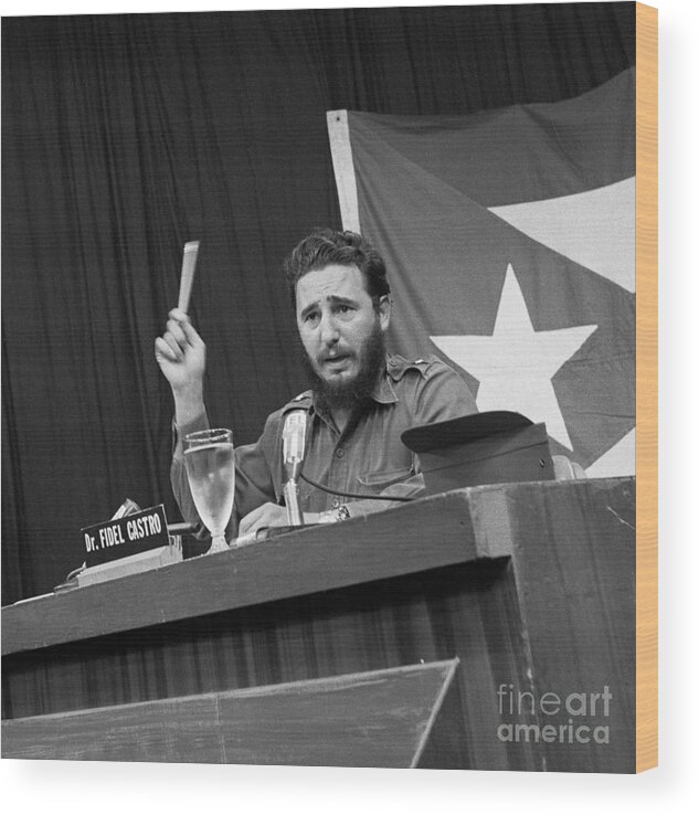 People Wood Print featuring the photograph Fidel Castro Gesturing While Speaking by Bettmann