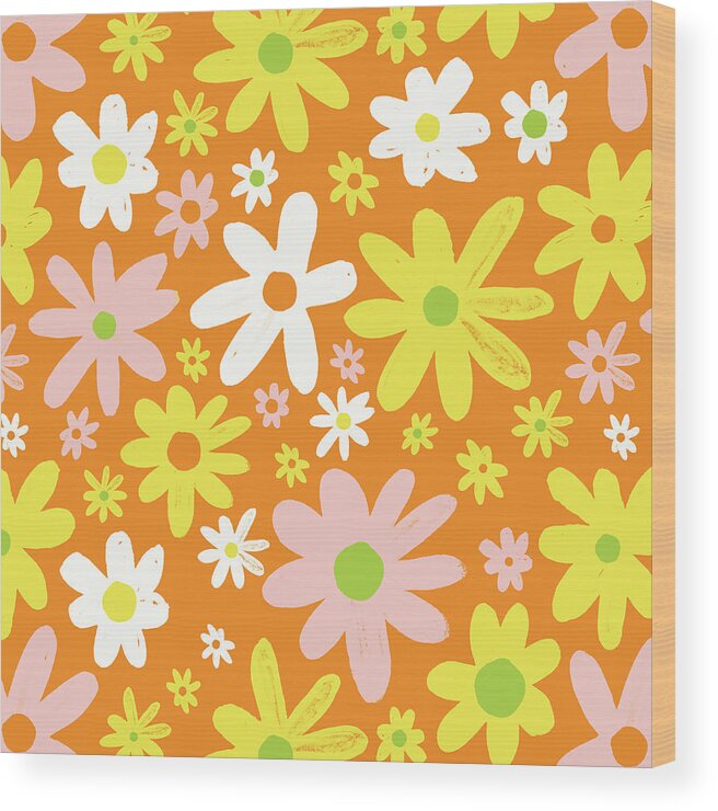 Orange Wood Print featuring the painting Flower Power Pattern by Jen Montgomery