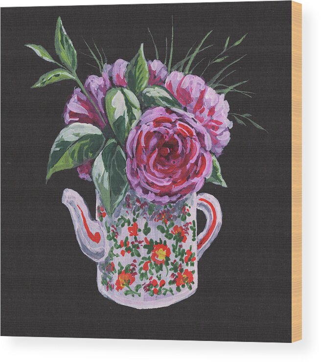 Pink Wood Print featuring the painting Flowers Bouquet In Teapot Floral Impressionism by Irina Sztukowski