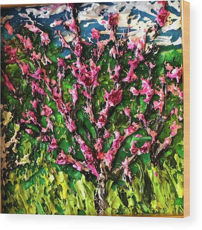  Wood Print featuring the painting Peach Trees in the Garden by Julene Franki