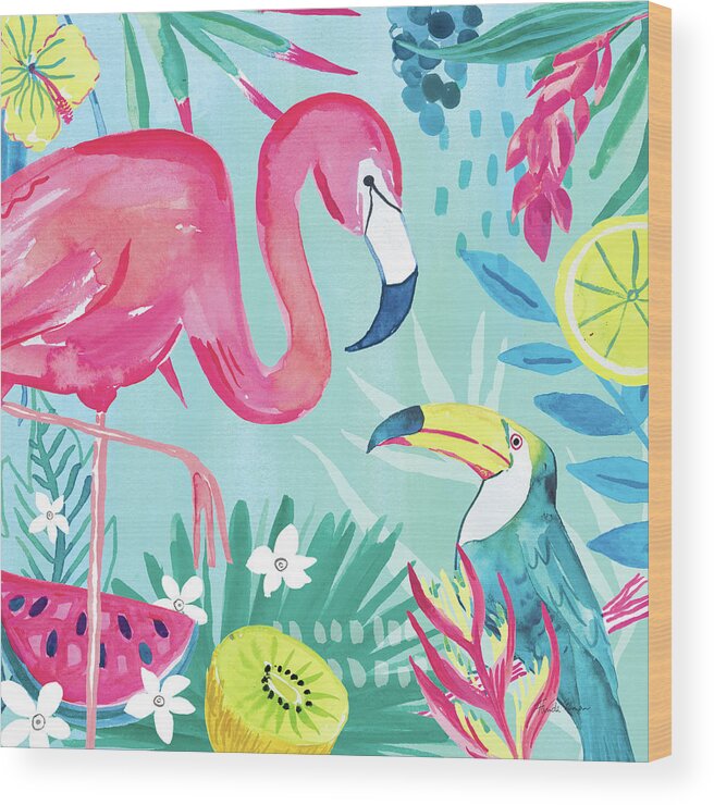 Animal Wood Print featuring the painting Fruity Flamingos II by Farida Zaman
