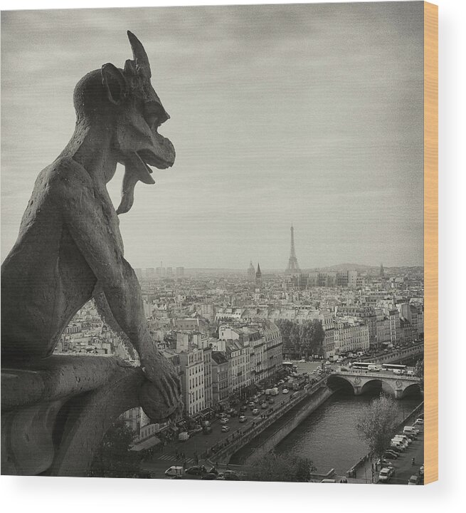 Eiffel Tower Wood Print featuring the photograph Gargoyle Of Notre Dame by Zeb Andrews