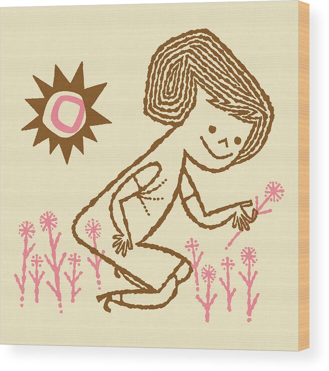 Adult Wood Print featuring the drawing Girl Picking Flowers by CSA Images