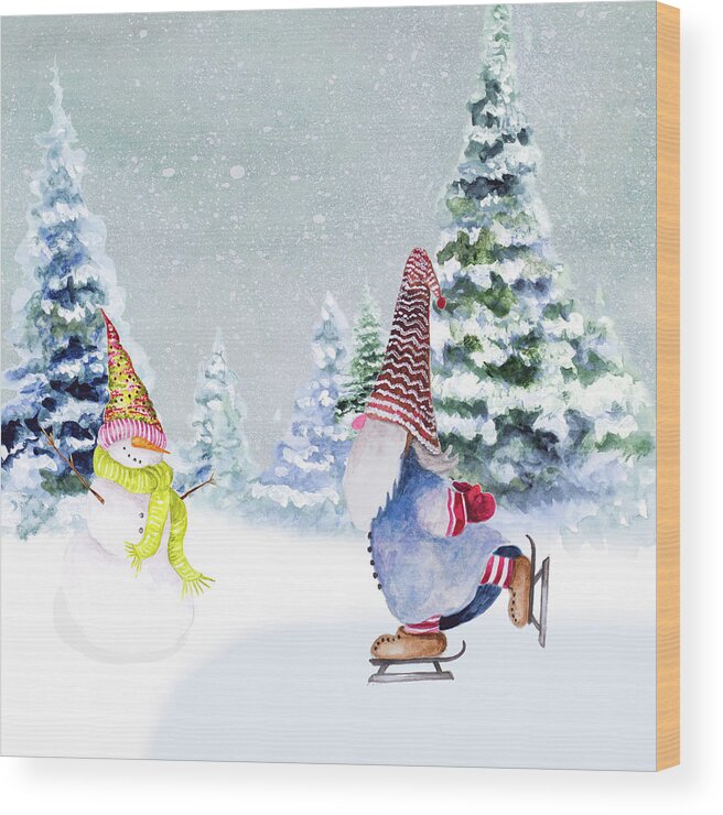 Gnomes Wood Print featuring the mixed media Gnomes Ice Skating I by Janice Gaynor