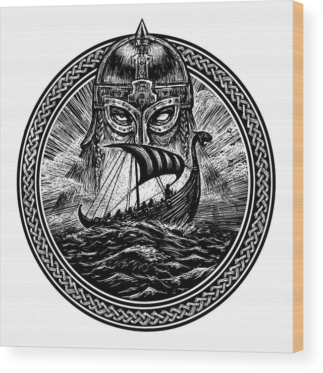Symbol Wood Print featuring the digital art God Odin Storm Sea And Drakkar by Barandash Karandashich