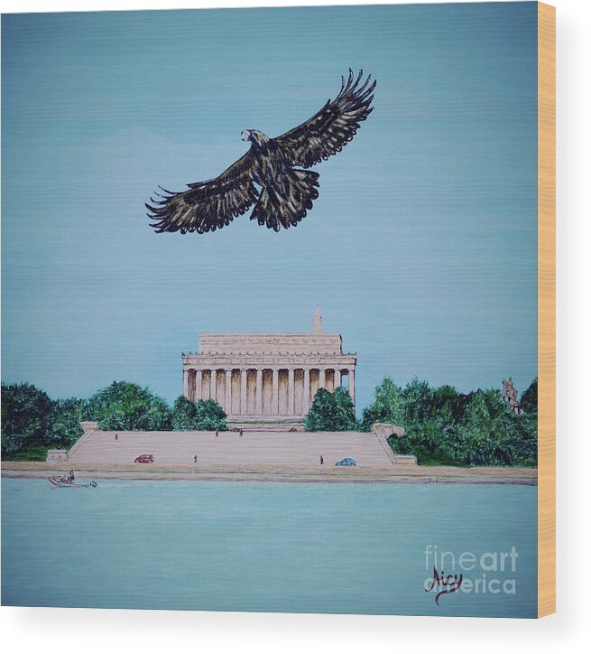 Veterans Wood Print featuring the painting Golden Eagle Over Lincoln Memorial by Aicy Karbstein