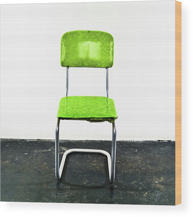 Single Object Wood Print featuring the photograph Green Chair On A Black Floor by Jay B Sauceda