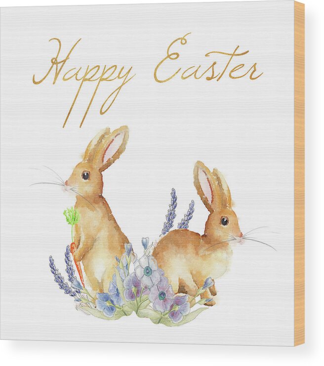 Happy Wood Print featuring the painting Happy Easter Spring Bunny II by Andi Metz