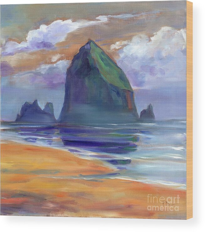 Haystack Rock Wood Print featuring the painting Haystack Rock Reflections by Paul Brent