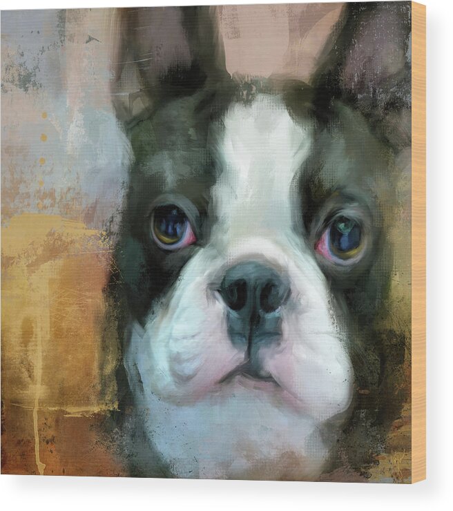 Colorful Wood Print featuring the painting I Adore You Boston Terrier Art by Jai Johnson