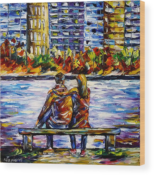 People In Autumn Wood Print featuring the painting In Front Of Big City by Mirek Kuzniar