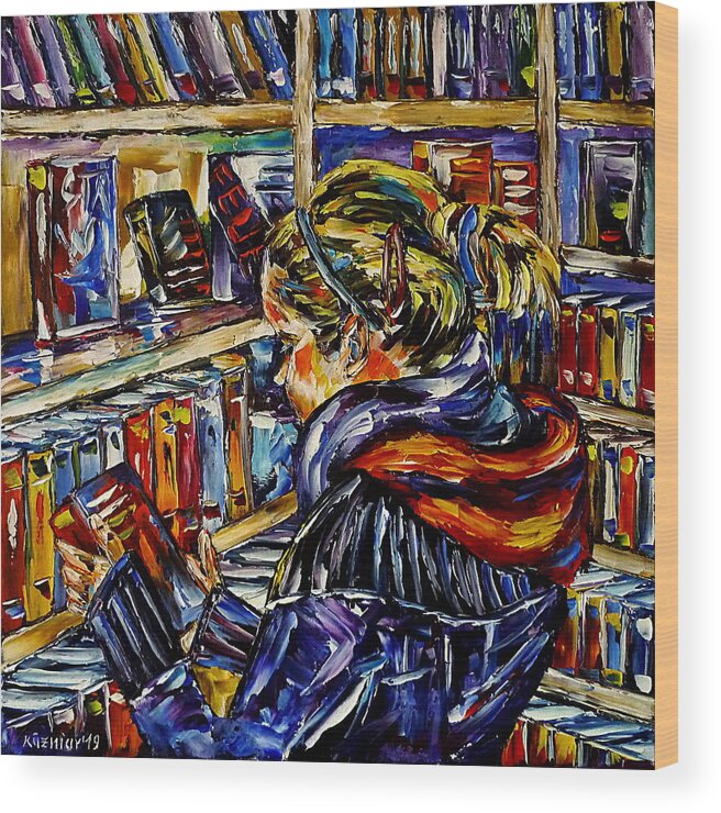Book In Hand Wood Print featuring the painting In The Library by Mirek Kuzniar