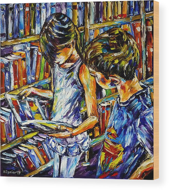 Children Hearts Wood Print featuring the painting In The School Library by Mirek Kuzniar