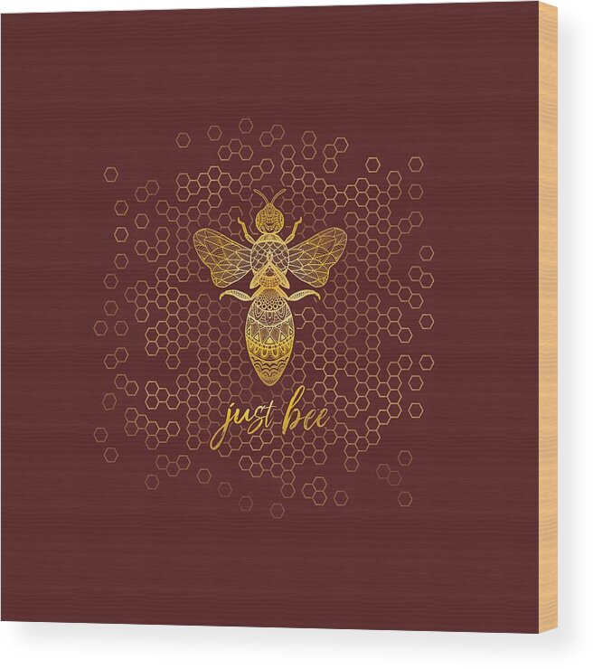 Just Bee Wood Print featuring the digital art Just Bee - Geometric Zen Bee Meditating over Honeycomb Hive by Laura Ostrowski
