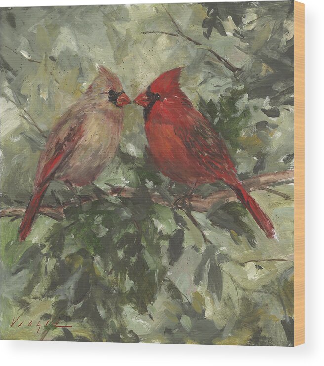 Kissing Cardinals Wood Print featuring the painting Kissing Cardinals by Mary Miller Veazie