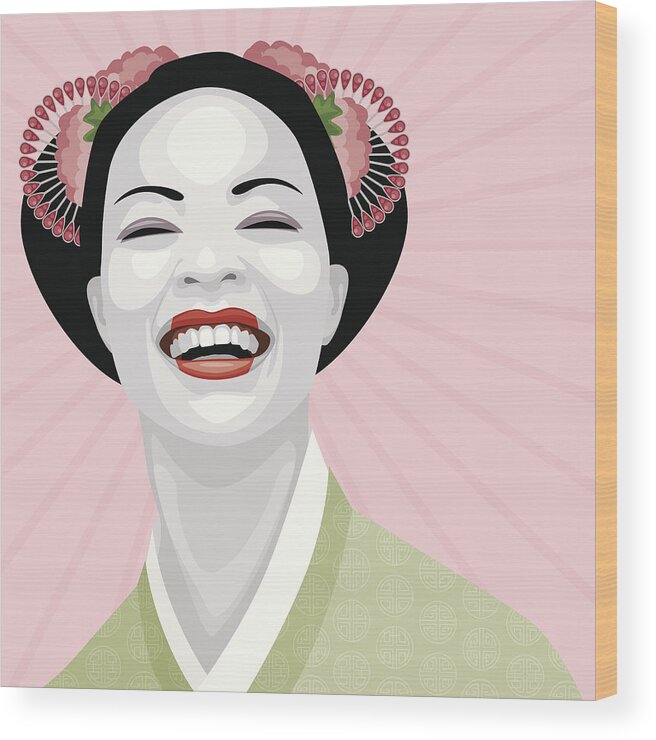 Asian And Indian Ethnicities Wood Print featuring the digital art Laughing Geisha by Bortonia