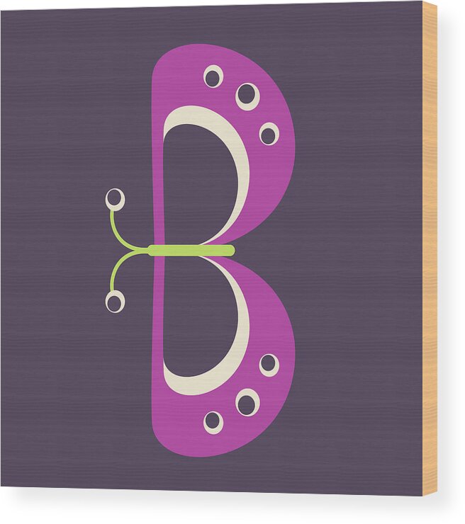 Animal Alphabet Wood Print featuring the digital art Letter B - Animal Alphabet - Butterfly Monogram by Jen Montgomery