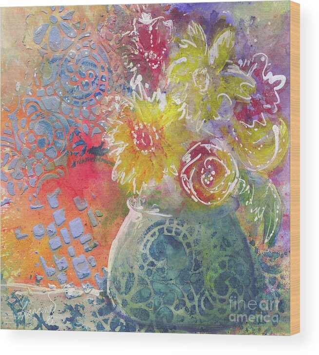 Mixed Media Wood Print featuring the mixed media Marabu Flowers 1 by Francine Dufour Jones