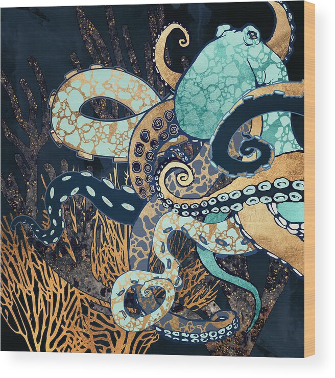Digital Wood Print featuring the digital art Metallic Octopus II by Spacefrog Designs