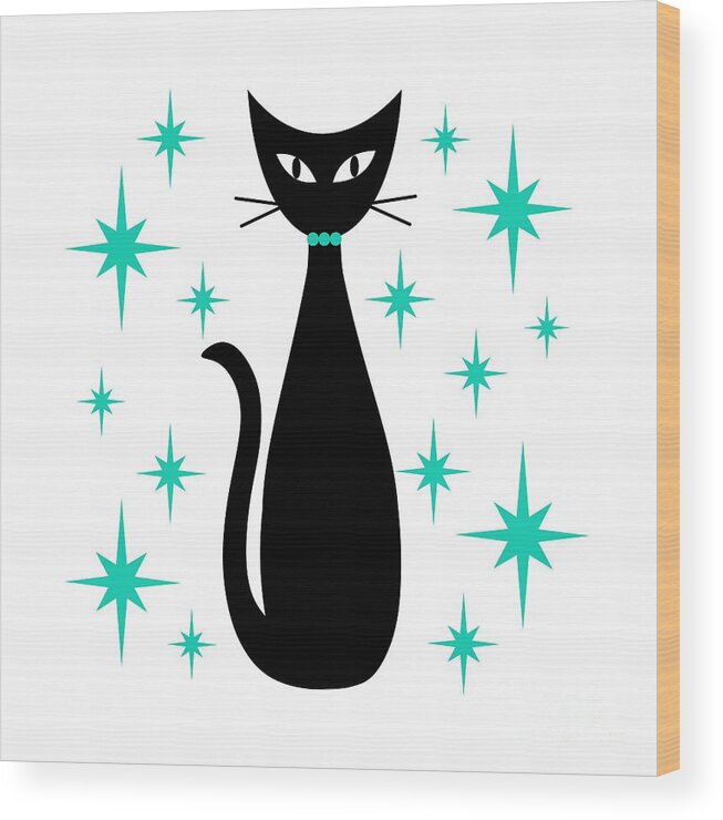 Mid Century Modern Wood Print featuring the digital art Mid Century Cat with Aqua Starbursts by Donna Mibus