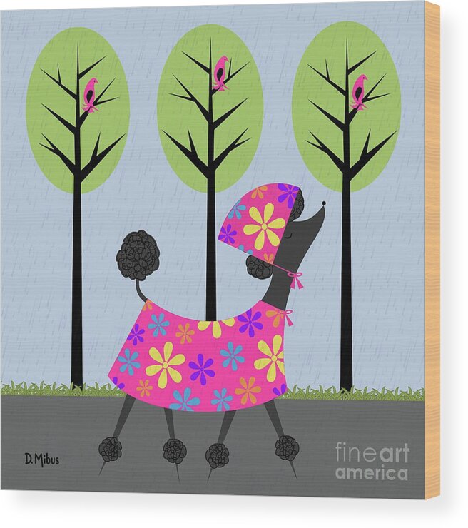 Mid Century Modern Wood Print featuring the digital art Mid Century Modern Black Poodle Spring by Donna Mibus