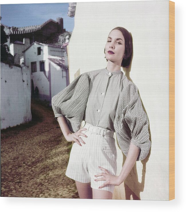 Fashion Wood Print featuring the photograph Model In A Blouse And Shorts by Henry Clarke