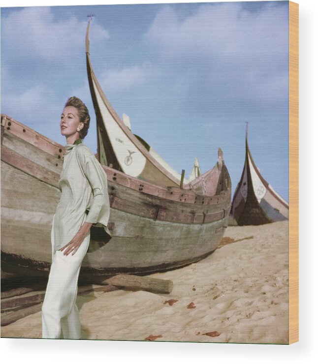 Boat Wood Print featuring the photograph Model In A Bonnie Cashin Shirt by Henry Clarke