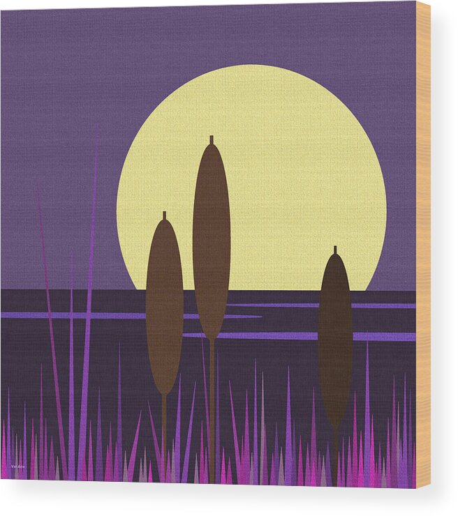 Moonlit Wood Print featuring the digital art Moonlit - Purple Cattails by Val Arie