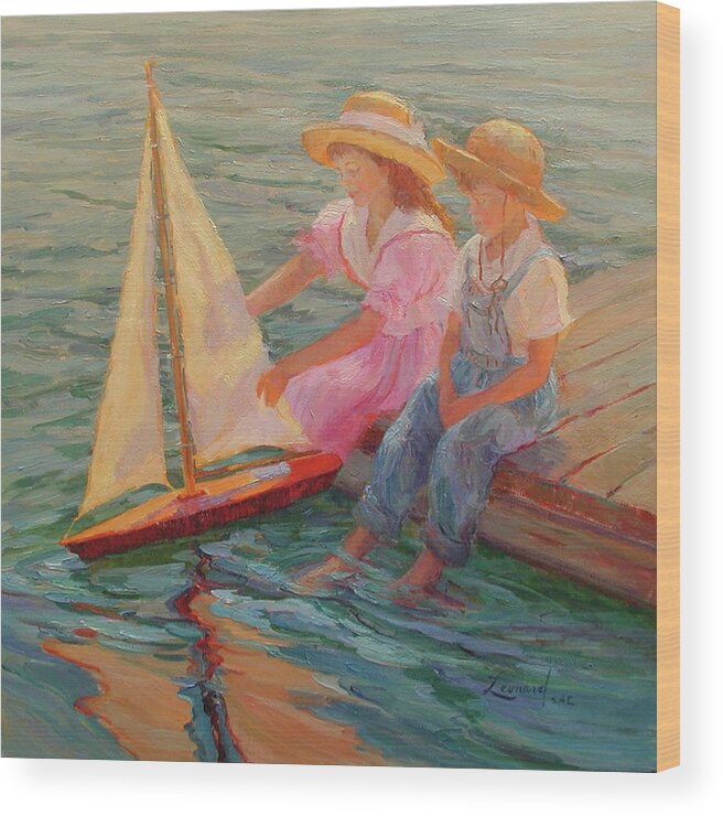 #impressionistartist #sailboat #brothersandsisters #lakes #impressionism #sailing #womenartist #oilpaintings #summertime Wood Print featuring the painting My Brother and Me by Diane Leonard