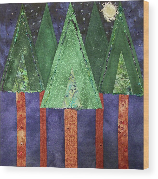 Art Quilt Wood Print featuring the tapestry - textile My Love is a Pine Tree by Pam Geisel