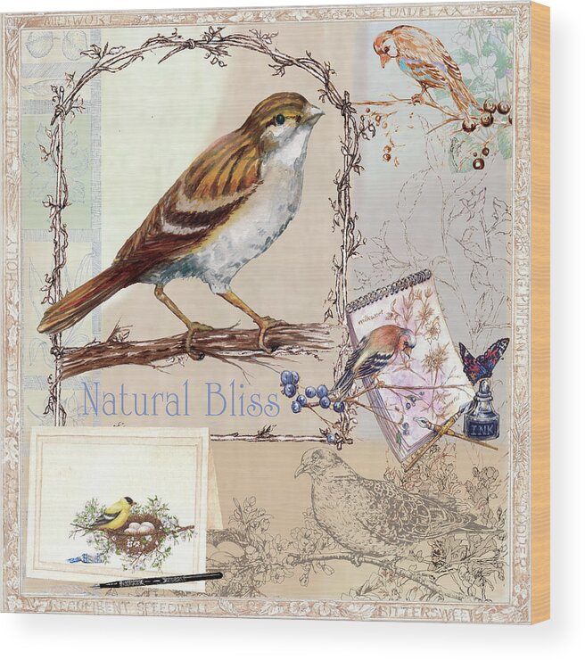 Natural Bliss Birds-tan-blue Wood Print featuring the mixed media Natural Bliss Birds-tan-blue by Sher Sester