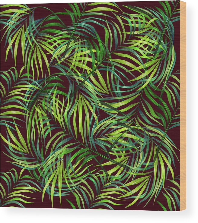 Palm Wood Print featuring the mixed media Palm Leaf Pattern 2 - Tropical Leaf Pattern - Green, Black - Tropical, Botanical Pattern Design by Studio Grafiikka
