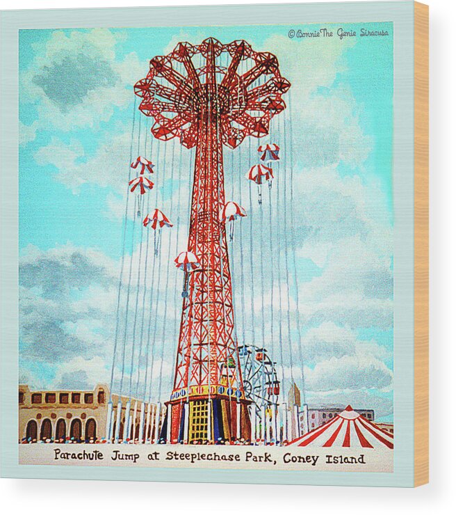 Wood Print featuring the painting Parachute Jump Full Pillow Version 14' X 14 by Bonnie Siracusa