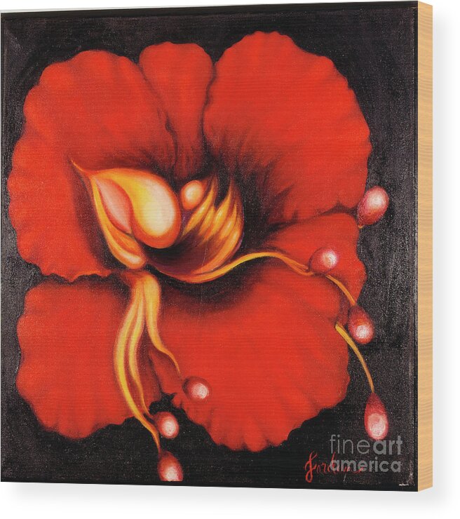 Red Surreal Bloom Artwork Wood Print featuring the painting Passion Flower by Jordana Sands