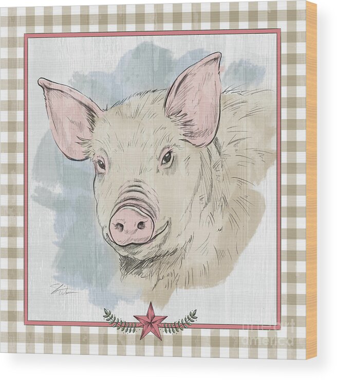 Pig Wood Print featuring the mixed media Pig Portrait-Farm Animals by Shari Warren