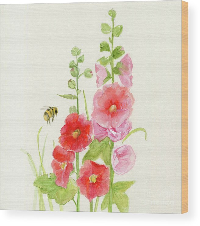 Flowers Wood Print featuring the painting Pink Hollyhock Watercolor by Laurie Rohner