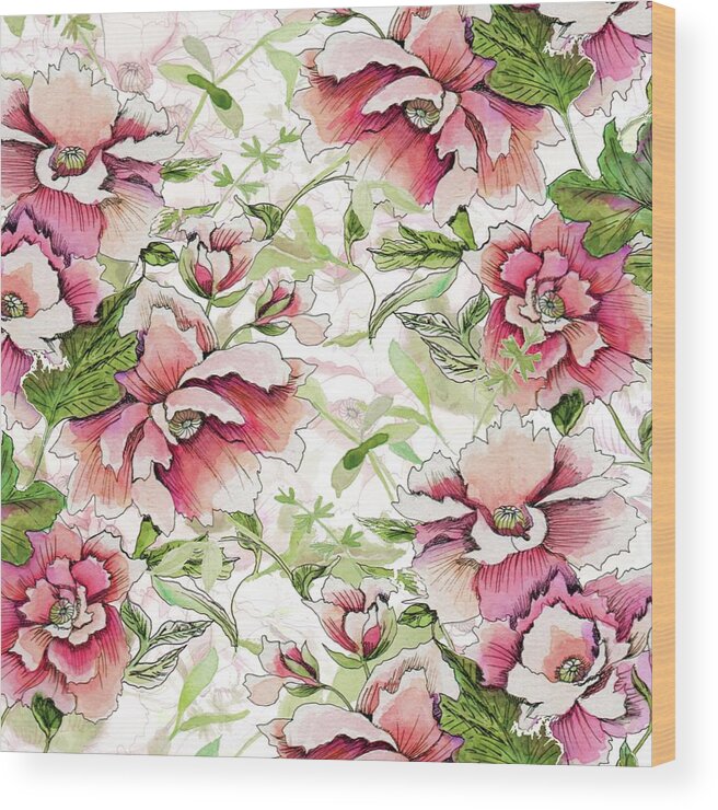 Peony Wood Print featuring the painting Pink Peony Blossoms by Sand And Chi