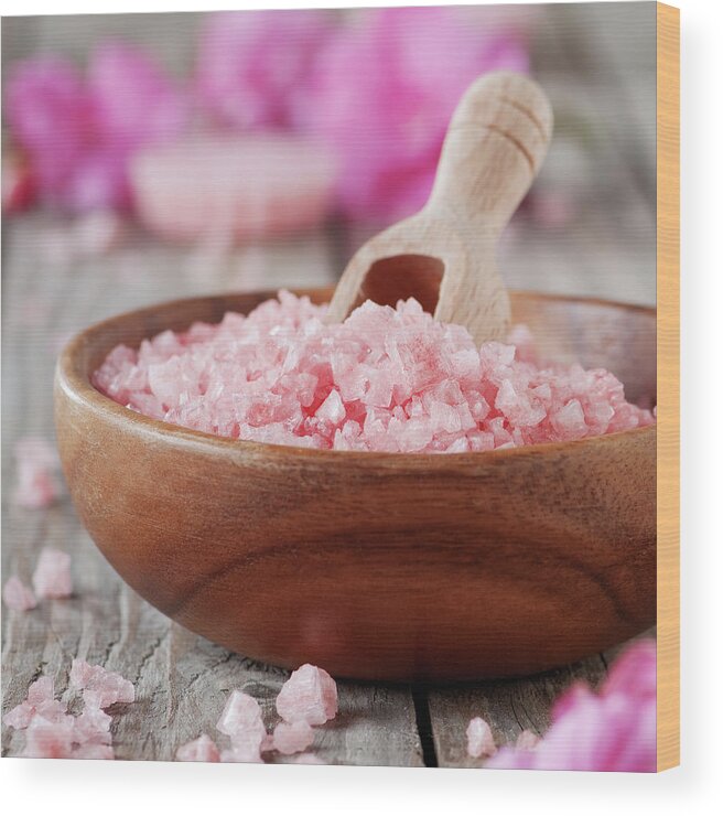 Spa Wood Print featuring the photograph Pink Salt And Flowers by Oxana Denezhkina