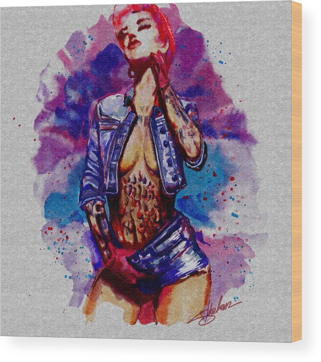 Watercolor Wood Print featuring the photograph Pinup Girl Tattoo by Shehan Wicks
